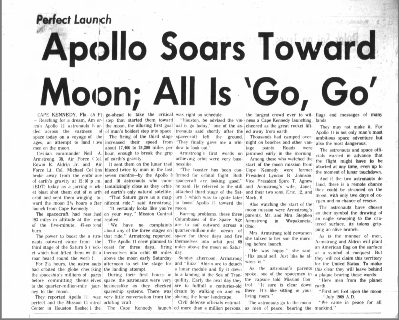 July 16, 1969: Apollo Soars Toward Moon; All Is 'Go, Go'